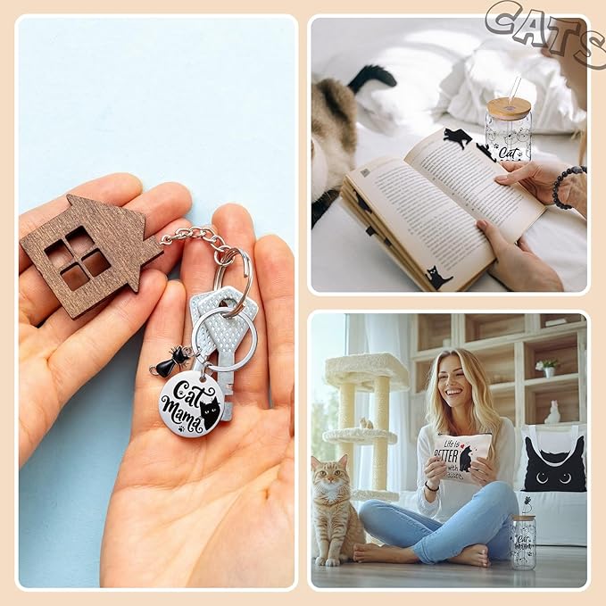 Cat Mom Gifts for Women,Black Cat Themed Gift Set with Glass,Canvas Tote Bag,Makeup Bag,Keychain,Bracelet and Magnetic Bookmarks,Unique Cat Lover Gift Box for Mother’s Day