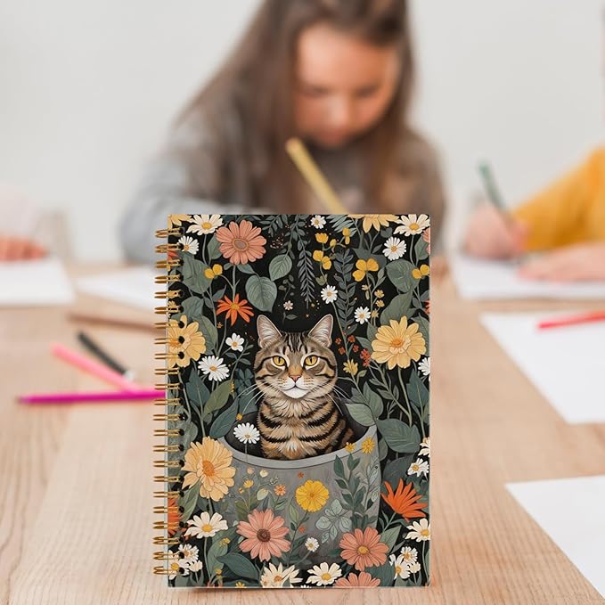 Cat Notebook, Retro Floral Botanical Cat Journal for Writing, Cats Mom Lovers Gifts for Women, Cottagecore Aesthetic Spiral Notebook 5.5x8.3 Inch