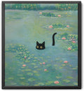 Funny Cat in Water Lilies Wall Art, Vintage Monet-Style Bathroom & Bedroom Decor, Ready to Hang Aesthetic Cat Gift for Dorm, Living Room, Black Frame Canvas Print(8’’x10’’)