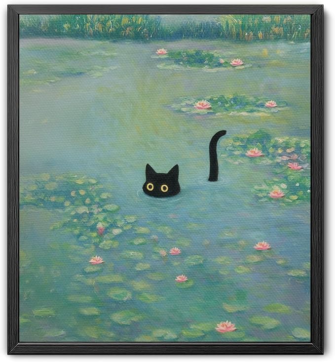 Funny Cat in Water Lilies Wall Art, Vintage Monet-Style Bathroom & Bedroom Decor, Ready to Hang Aesthetic Cat Gift for Dorm, Living Room, Black Frame Canvas Print(8’’x10’’)