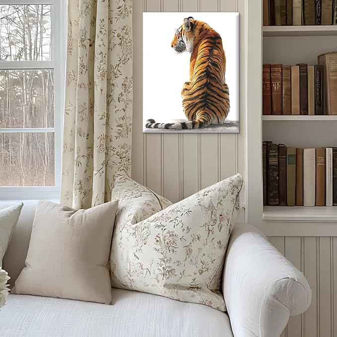 Modern Tiger Wall Art Decor Majestic Tiger White Print Picture Modern Animal Wall Decor for Home Living Room Bedroom 8x10 Inch Canvas Framed