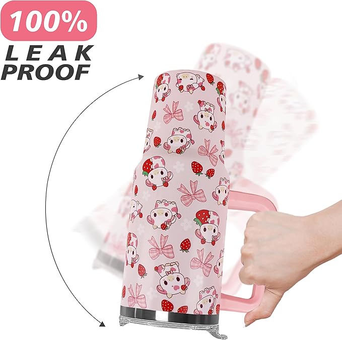 Ceovfoi 40 Oz Strawberry Cow Tumbler With Handle,Cow Print Coffee Travel Mug Cup Water Bottle,Strawberry Decor, Cow Print Gifts for Women