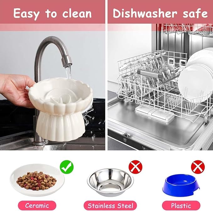 Ceramic Raised Cat Slow Feeder Bowls Whisker Friendly Anti Vomiting Cat Slow Eating Food Bowl for Cats Puppy Dogs Neck Support Plates (White)