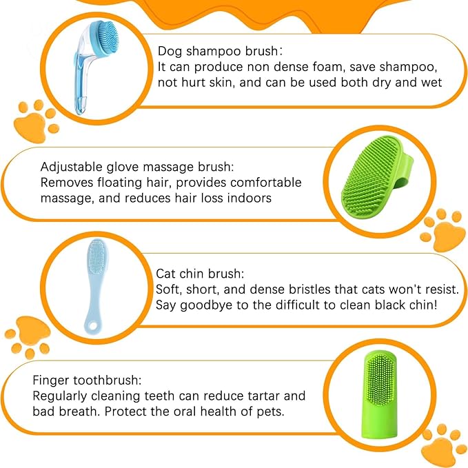 7 PCS Pet Bath Brush Set, Dog Bath Brush with Shampoo Dispenser, Cat Chin Cleaning Brush, Dog Toothbrush, Adjustable Glove Massage Brush, Pet Scrubber for Bathing Long Short Haired Dogs Cats (Yellow)