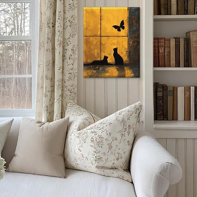 Vintage Black Cat Gold Wall Art Decor Cats and Butterfly Print Picture Cat Lover Gifts Wall Decor for Home Living Room Bedroom 8x10 Inch Canvas Framed