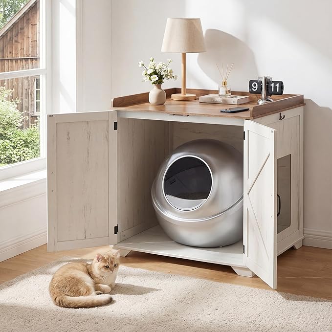 HOOBRO Automatic Litter Box Furniture for Large Capacity, Large Robotic Litter Box Cabinet with Charging Station and Hooks, Cat Litter Box Enclosure with Storage Top, White and Walnut WH89UMW01N2