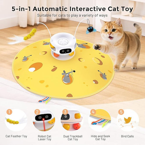5 in 1 Interactive Cat Toys for Indoor Cats, Hide and Seek Cat Toys with Automatic Laser and Motion Activated, Fluttering Feather & Dual Track Balls with Chirping for All Breeds, Rechargeable