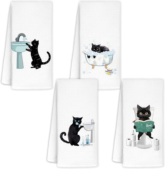 Jvpke Funny cat Hand Towel for Bathroom Set of 4 - Black Cat Decor, Cat Towels for Cat Lovers, cat Lover Gifts for Women, Cat Bathroom Decor, Black cat Gifts for Women cat Lovers, 16x24