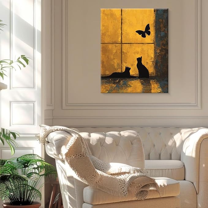 Vintage Black Cat Gold Wall Art Decor Cats and Butterfly Print Picture Cat Lover Gifts Wall Decor for Home Living Room Bedroom 8x10 Inch Canvas Framed