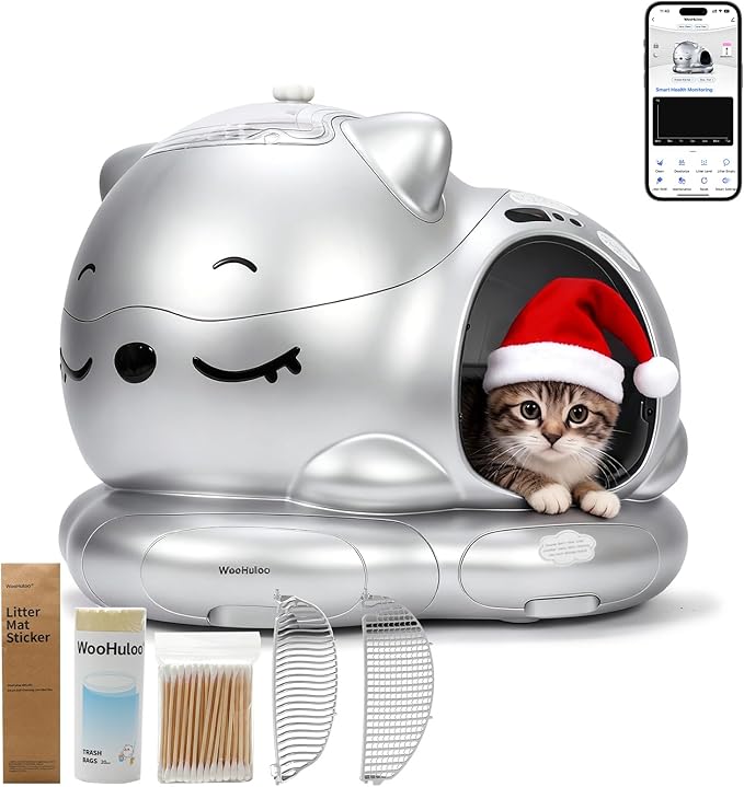 Automatic Cat Litter Box for Multiple Cats, Large Capacity Detachable Top Self-Cleaning Litter Box with App Control & AI Monitoring, Odor Control, Safety Sensors (Silvery)