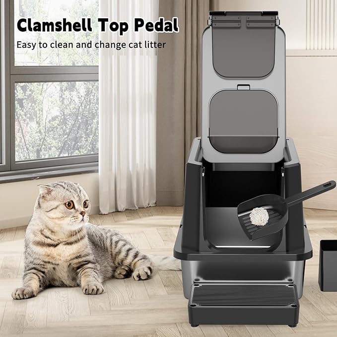 Enclosed Cat Litter Box: Large Stainless Steel Anti Leak Design - All Black - Controls Odor for Indoor Use