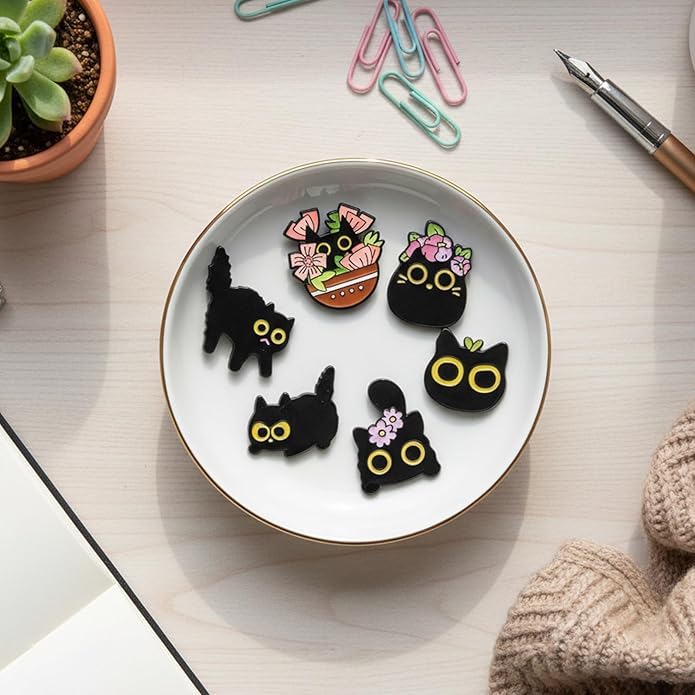 6Pcs Cat Pin Set, Cat Brooch, Black Cats Pin, Cute Pins for Jackets and Backpacks, Black Cats Gifts for Lovers, Ideal for Themed Accessories and Gifting