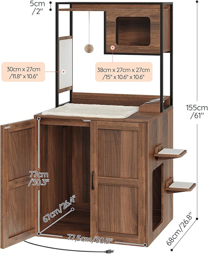 HOOBRO Cat Automatic Litter Box Enclosure Furniture, 30.5" L x 26.8" W x 61" H, Hidden Robotic Litter Box Cabinet, Dog-Proof Shelf with Charging Station, Scratching Mat, Bowls, Walnut WL68UMZ03N1