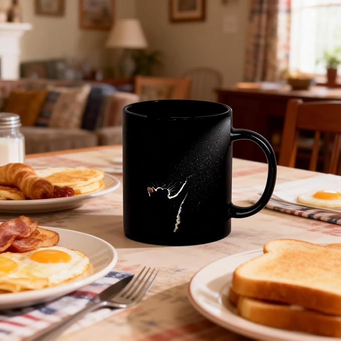 Black Cat Coffee Mug – 11oz Black Ceramic Mug with Artistic Light Silhouette Design, Minimalist Aesthetic Cat Lover Gift for Home Office, Tea & Coffee Cup