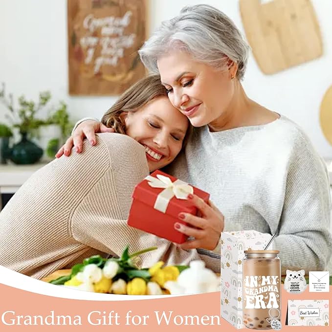 Grandma Christmas Gifts for Women, Mothers Day Gifts Set from Granddaughter Grandson, 16 Oz Grandma Glass Cup Crochet Cat Thanksgiving Ideas Gift for Grandmother