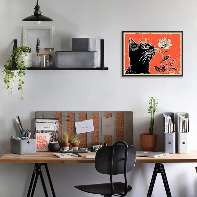 Black Cat Posters Vintage Animal Botanical Wall Art Cute Cat Sniffing Flower Canvas Painting Gift For Cat Lover 08x10 inch Black Framed Living Room Gallery Wall Decor