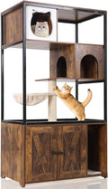 GUTINNEEN All-in-One Cat Litter Box Enclosure Hidden Litter Box Furniture with Cat Tree, Scratching Post, Cozy Cat Cave, Hanging Hammock, Storage Cabinet, Durable & Space-Saving (Brown)