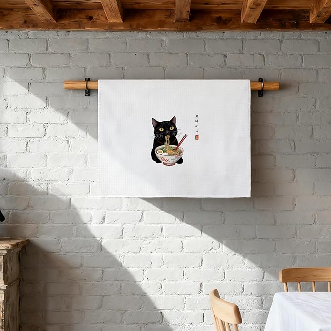 Funny Black Cat Kitchen Towel, Sushi Cat Lover Gifts Dish Towel, Japanese Ramen Noodles Sushi Black Kitty Decorative Hand Towel 16x24 Inch(B)