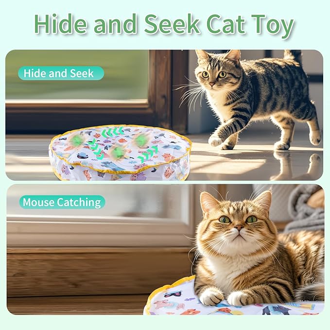 Interactive Cat Toys Fast Rolling Ball in Play Pouch, Motion Activate Chirping Cat Toy Hide and Seek Mouse Catching Game, 28 Inch Play Pouch for Cats