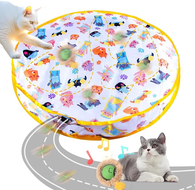 Interactive Cat Toys Fast Rolling Ball in Play Pouch, Motion Activate Chirping Cat Toy Hide and Seek Mouse Catching Game, 28 Inch Play Pouch for Cats