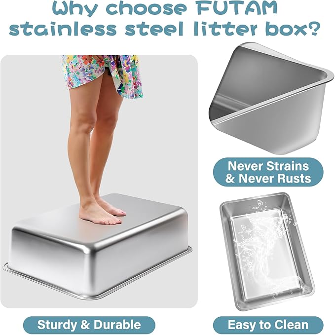 Stainless Steel Litter Box 2 Pack,Medium Metal Litter Box for Kitty/Cat/Rabbits, Easy to Clean, Non Stick Litterbox No Smell for Adult Cats