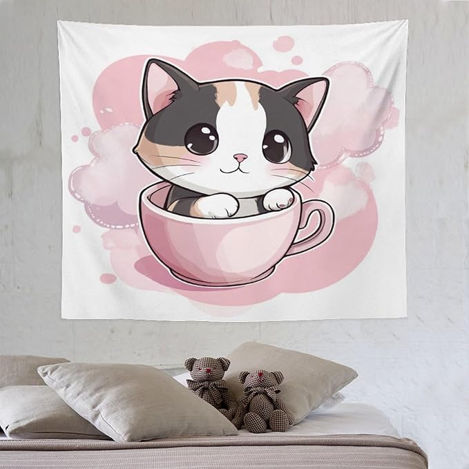 MaSiledy Wall Tapestries Kawaii Cat Tapestry Cute Cat Kitten Bedroom Tapestries Wall Art for Home Decor 50"x60" Wall Hanging for Home Decor Bedroom Living Room Dorm Decor