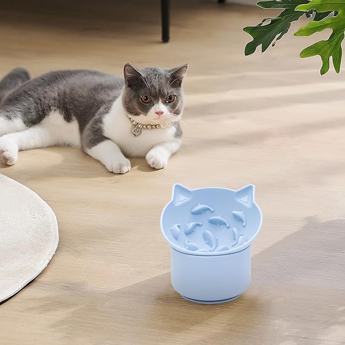 Cat Slow Feeder, Elevated Slow Feeder Bowl Tilt Design, No Black Chin, Tilted Design, for Dry Wet Food, for Cats & Small Dogs (Blue)