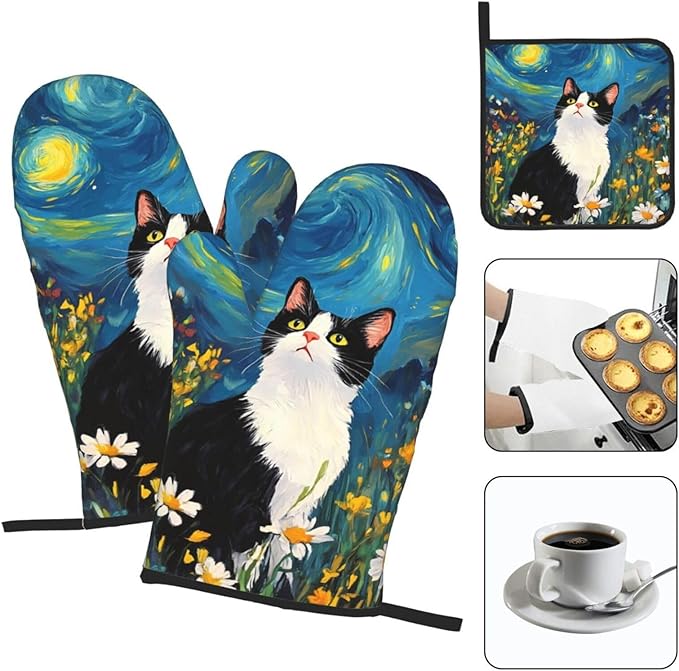 Funny Black Cat Oven Mitts and Hot Pads Set of 3, Abstract Cute Kitchen Mitts and Hot Pads for Baking Cooking Grilling BBQ, Kitchen Baking Gifts for Cat Lover Women Chef Baker