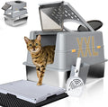 Ultimate Stainless Steel Litter Box with Lid - XXL Enclosed Anti-Leak Design for Big Cats, Non-Stick Easy Clean Metal Litter Box System with Scoop Set, High-Sided Urine Protection, Sleek Grey