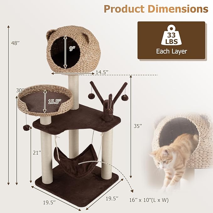 Tangkula Modern Cat Tree Tower, Multi-Level Tall Activity Center with Natural Sisal Scratching Posts, Hammock, Hand-Made Cattail Cute Condo with Funny Toy Balls (Brown)