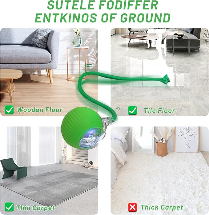 Smart Interactive Cat Toy - Automatic Moving Ball with 3 Modes, Motion Activated Self-Rolling with Long Tail & LED - Enrichment for Bored Indoor Cats (Green)