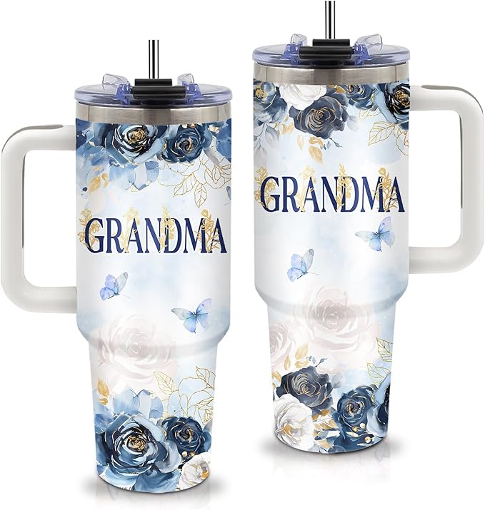 Grandma Gifts - Birthday Gifts for Grandma 40oz Tumbler with Handle and Straws, Stainless Steel Insulated Travel Mugs, Leak-Proof, Christmas Gift Floral Cup for Grandmas from Grandchildren Grandkids