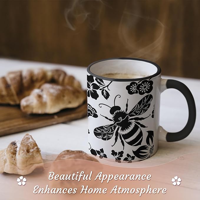 Bee Cups 11Oz Valentines Day Birthday Gift for Woman, Bee Gifts for Women Black and White Boho Coffee Mug, Bumble Bees Gifts Cute Coffee Mug for Women Microwave & Dishwasher Safe