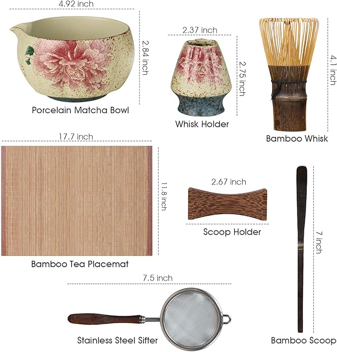 Matcha Whisk Set, 7-Piece Matcha Kit with Ceramic Bowl, Bamboo Whisk, Scoop, Sifter, Holder & Bamboo Mat – Premium Matcha Tea Set for Beginners & Matcha Lovers, Gift Ready