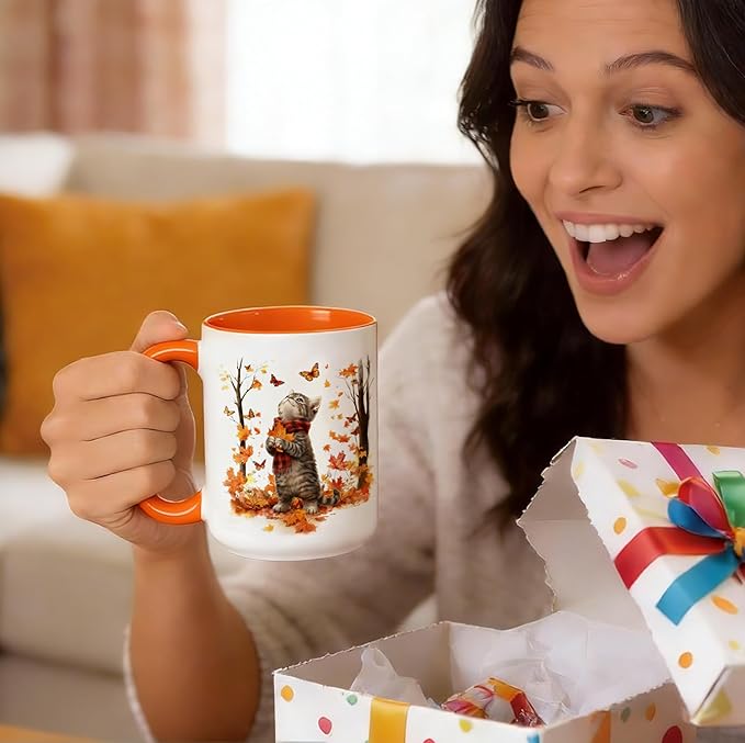 Cute Cat Coffee Mug for Cat Lovers, Fall Maple Leaf Kitten Mug, 15oz White Large Ceramic Tea Cup with Orange Handle, Ideal for Hot & Cold Drinks, Fun Novelty Gift for Women and Coworkers