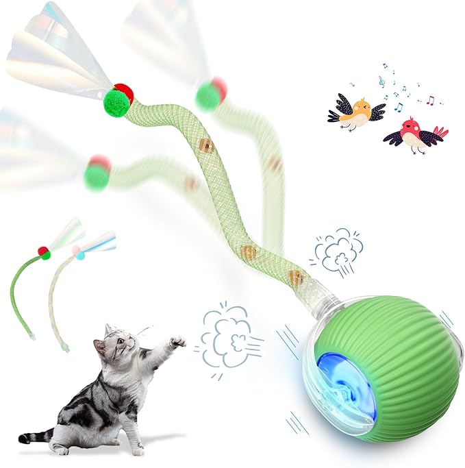 Interactive Cat Toys for Indoor Cats, Interactive Cat Ball Toy with Elastic Mesh Tail, Automatic Cat/Kitten Toys with Chirping & Motion Activate, Cat Toys for Bored Indoor (Green)