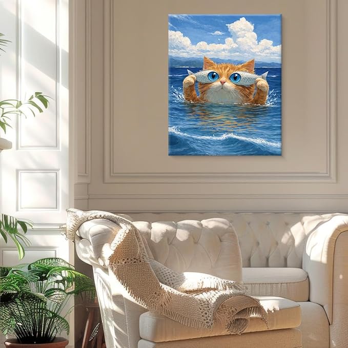 Coastal Fish Cat Wall Art Decor Whimsical Cat Fish Eyes Canvas Print Picture Funny Animal Wall Decor for Home Living Room 8x10 Inch Canvas Framed