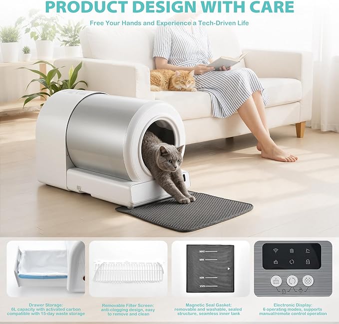 Stainless Steel Self-Cleaning Cat Litter Box, Smart APP Control Automatic Litter Box with Safety Sensors, Odor Control, Low-Entry, Large Capacity Design for Multiple Cats (White)
