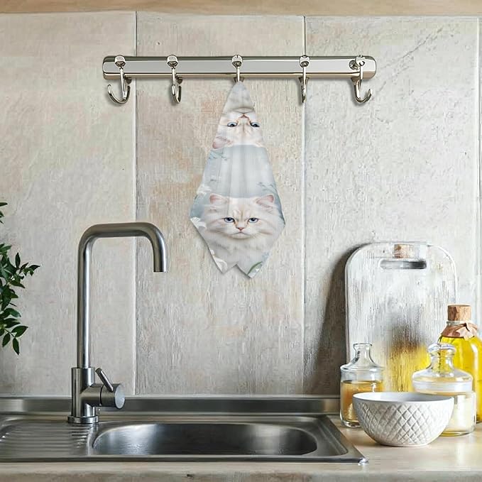 Cute White Cat Kitchen Towels, Aesthetic Flower Decorative Absorbent Microfiber Dish Cloth Tea Towel, Waffle Soft Hand Towels for Farmhouse Home Bathroom Kitchen Decor, Cat Lover Gifts