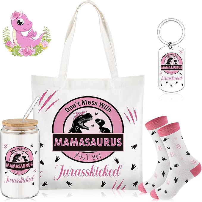 Paterr 4 Pcs Mom Gifts for Mother's Day Mamasaurus Gift for mother women Birthday Decorations，with Canvas Tote Bag 16oz Glass Coffee Cup with Straw Socks Cute Keychain