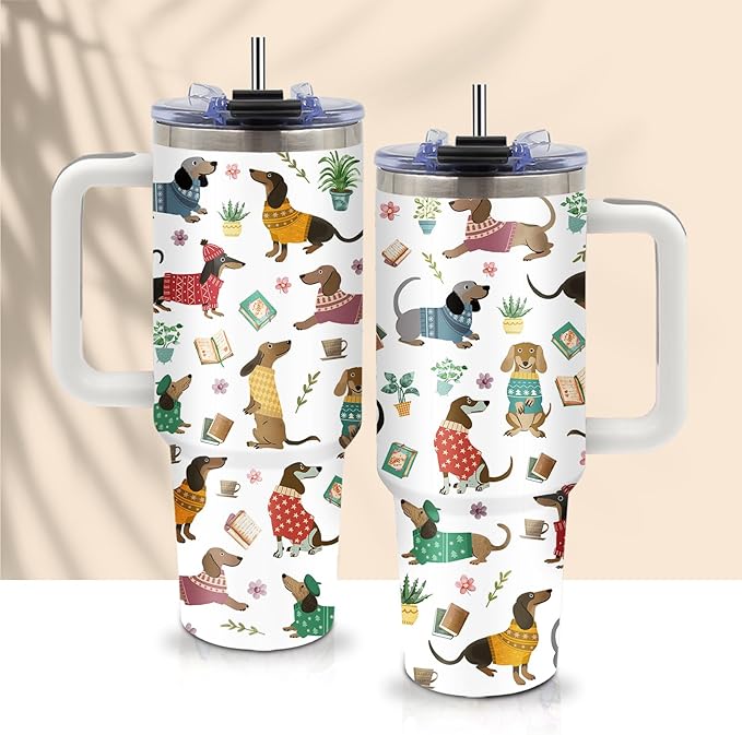 40oz Dachshund Tumbler with Handle and Straws, Leak-proof, Stainless Steel Insulated Travel Coffee Mug for Dachshund Lovers, Wiener Dog Enthusiasts Gifts for Women Men, Dachshunds Mom Dad Birthday Cup