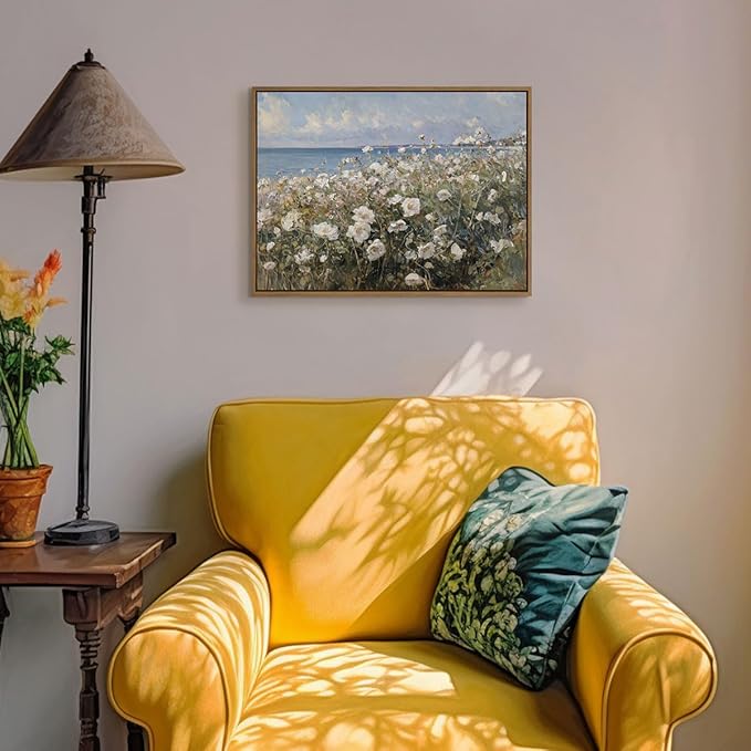 Framed Landscape Wall Art Blue Ocean Theme White Flower Pictures Wall Decor Abstract Floral Painting Prints Modern Seascape Artwork for Living Room Bedroom Bathroom Home Office Decoration, 12''x16''