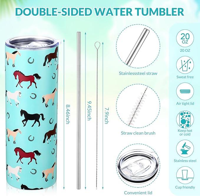 Funnymoom 2 Pack Horse Gifts Set Skinny Tumbler 20 oz Travel Coffee Mug Novelty Cute Animals Socks, Cute Horse Themed for Birthday Christmas Farm Gifts