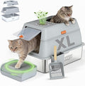 XL Stainless Steel Cat Litter Box with Enclosure and Pooper Scooper - Durable Black Metal Litter Box for Big Cats, High Sides for Anti-Leakage, Never Absorbs Odors, Non-Sticky - (60x40cm) (Gray)