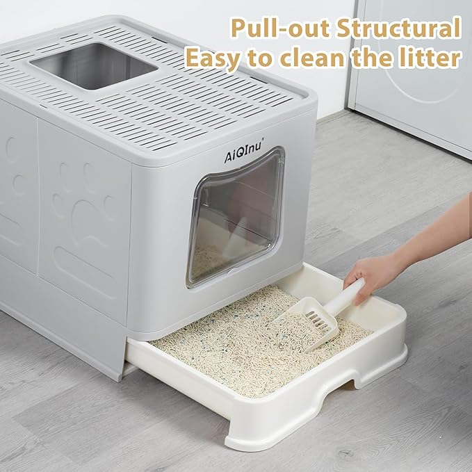 AiQInu Cat Litter Box wtih Lid and Scoop - Foldable Large Enclosed Litter Box with High Sided Enclosure, Front Entry Top Exit, Odor Control, Anti Leakage No Smell, Easy Cleaning Height 15 inches