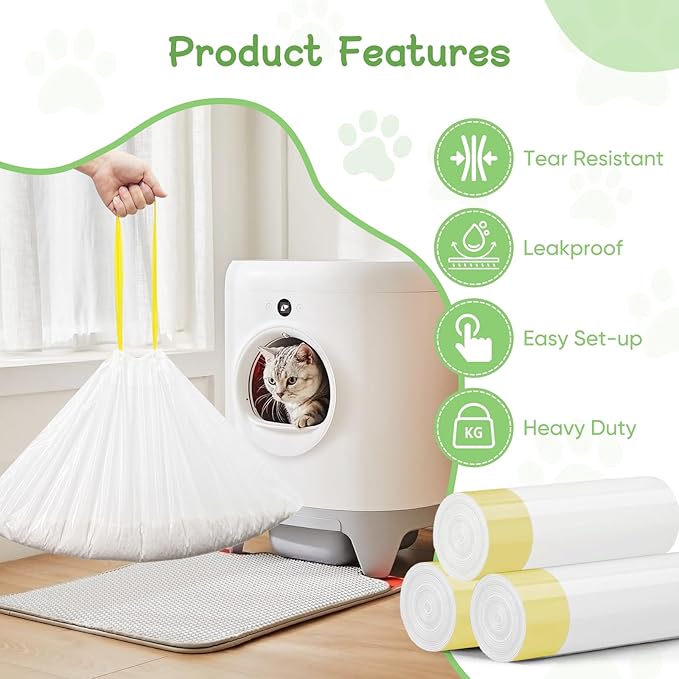 100 Count Cat Litter Box Liners for Self-Cleaning Cat Litter Box, Compatible with MeoWant MW-SC01/MW-SC02/MW-LR01 PETKIT PuraX PuraMax Drawstring Replaced Bags Waste Bags (5Pack/100 Counts）
