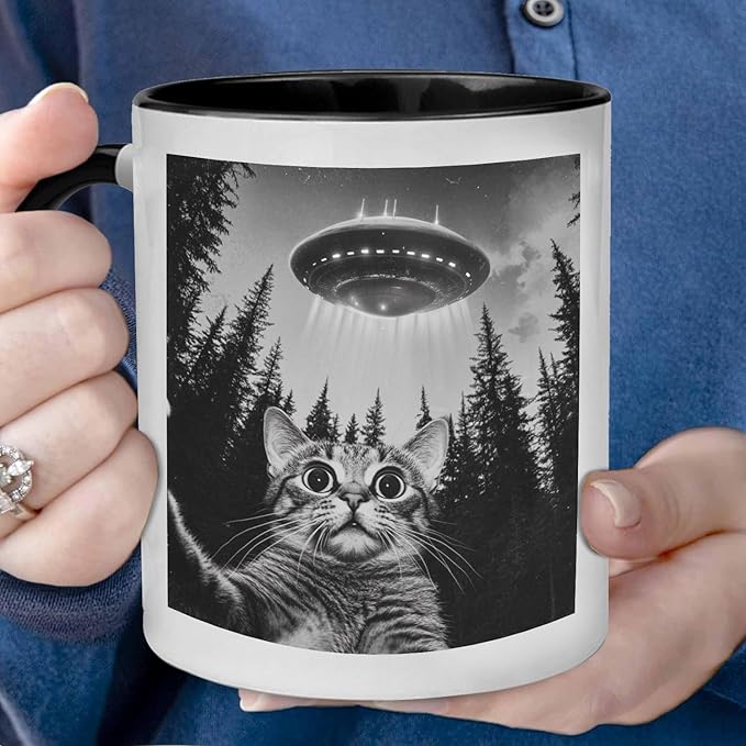 Funny Cat Selfie With UFO Alien Coffee Mug - Gifts for Cat Lovers, Mom, Dad, Owner, Lady - Birthday, Halloween, Christmas - Humor Sarcastic 11OZ Mug