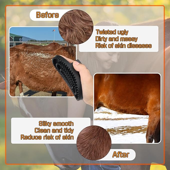 Rubber Curry Comb with Handle, Horse Grooming Brush & Shampoo Brush for Dogs, Cats & Horses, Shedding Curry Comb for Short & Long Hair, Pet Bathing & Shower Supplies