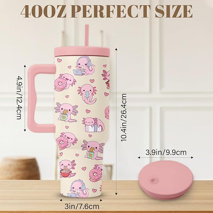 Axolotl Tumbler 40 Oz, Axolotl Gifts For Women, Cute Axolotls Tumbler With Handle, Birthday Gifts For Axolotls Lovers, Pink Insulated Tumblers Cup