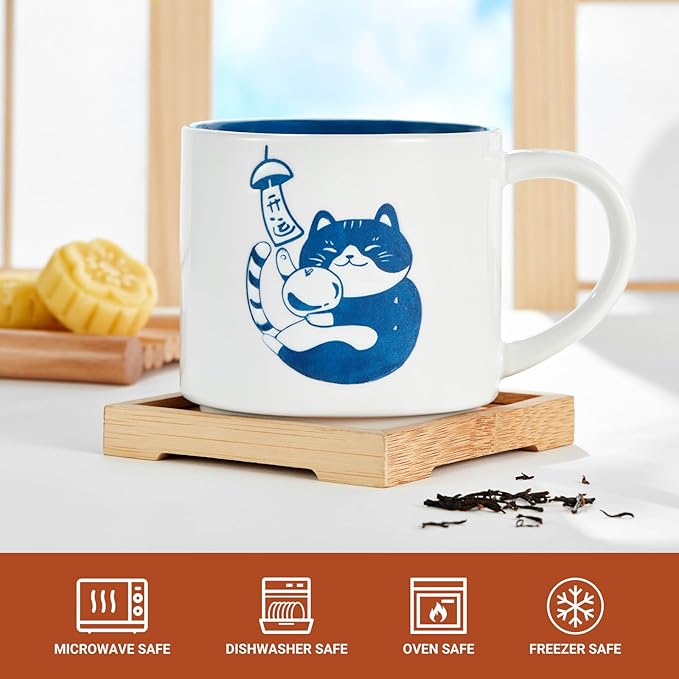 Cute Coffee Mugs Hand Painted, Food Safety, Japanse White Cat Mug 16oz large, Dishwasher & Microwave Safe Daily Office and Home